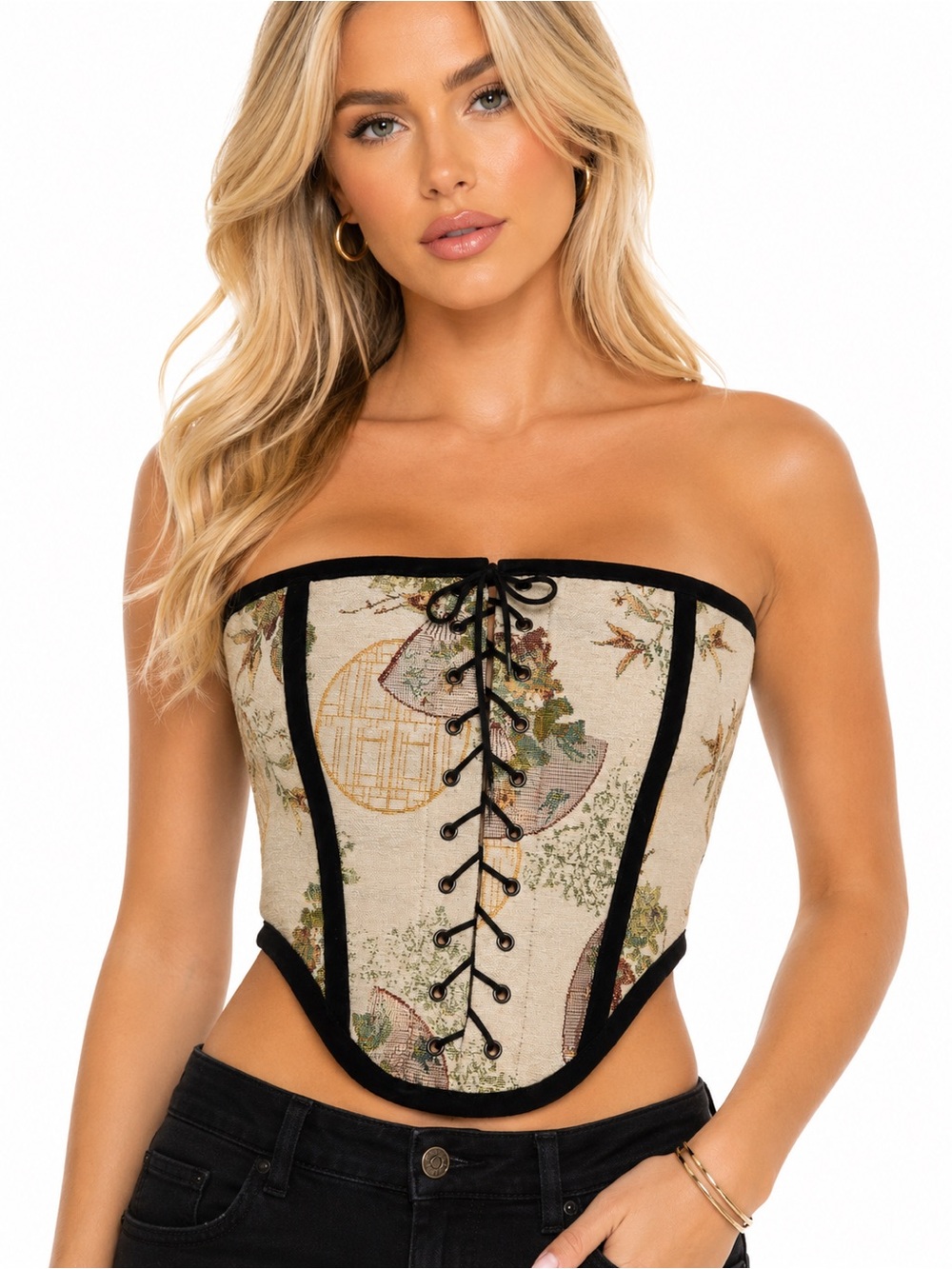 NWT Beige Multi Lace-Up Corset Crop Top | Cottagecore | Fairy Grunge |